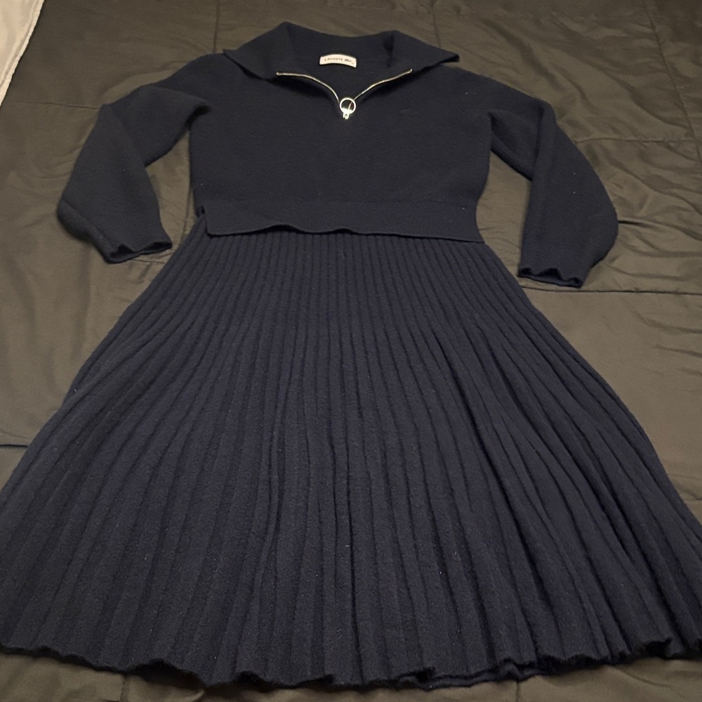 Lacoste Navy Knit Pleated Sweater Dress with Zip Detail